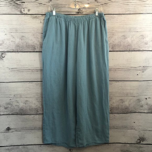 Flax Pants - FLAX Linen Crop Pants Light Blue Pockets Pull On L